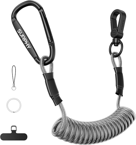 SURPHY Anti Theft Phone Strap, Phone Lanyard, Sturdy Steel Wire Keychain | Stretchy Retractable Phone Lanyard with Carabiner, Anti-Lost Key Chain for Commute Travel Climbing Skiing Fishing, Black