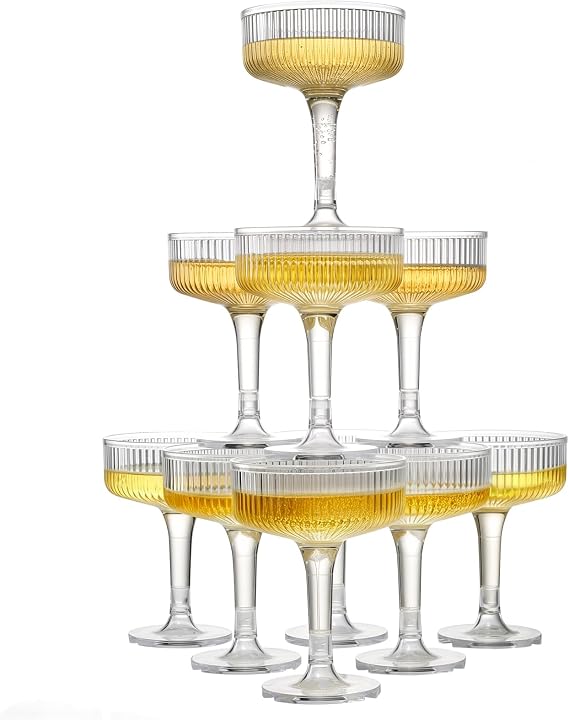 Goodluck 3-Tier Champagne Glasses - 10PCS 7oz Clear Plastic Champagne Flute