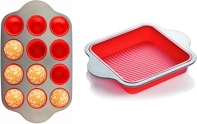 Boxiki Kitchen Bundle: Non-Stick 12 Cup Silicone Muffin Pan & 8x8 Square CakeBrownie Pan with Steel Frame - BPA Free, Easy Release, Oven & Dishwasher Safe, Perfect for Baking