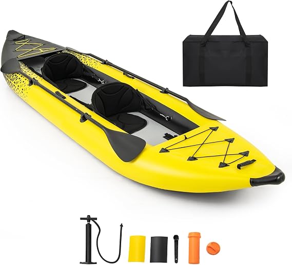 LDAILY Inflatable Kayak, 12.5ft Fishing Kayak with 507 lbs Capacity, Triple Chamber Safety Kayak with Drop Stitch Floor & EVA Seats, Portable Inflatable Kayak 2 Person with Paddles, Pump