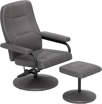 Giantex Recliner Chair with Ottoman, 360 Swivel Faux Leather Reclining Chair wAdjustable Backrest, Footrest, Sturdy Metal Base, Upholstered Armchair for Living Room Bedroom Study, Office, Grey