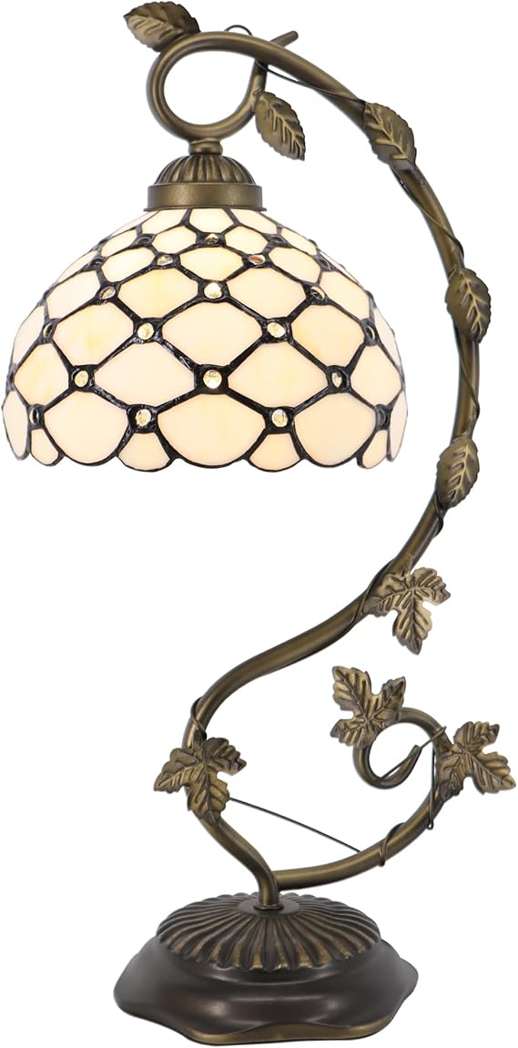 Tiffany Table Lamp, Stained Glass Desk Reading Light,Metal Leaf Table Lamp Base 8X10X21 Inches (Cream Bead)