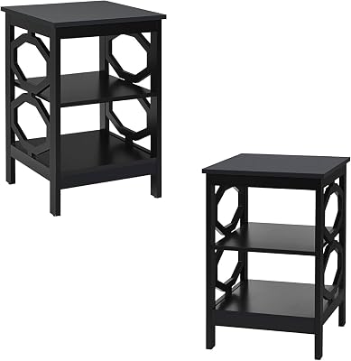 Bedside Table, 3-Tier Wooden Sofa Side Table with 3 Open Shelves, Modern Nightstand End Table for Bedroom Living Room Small Space 2, Black