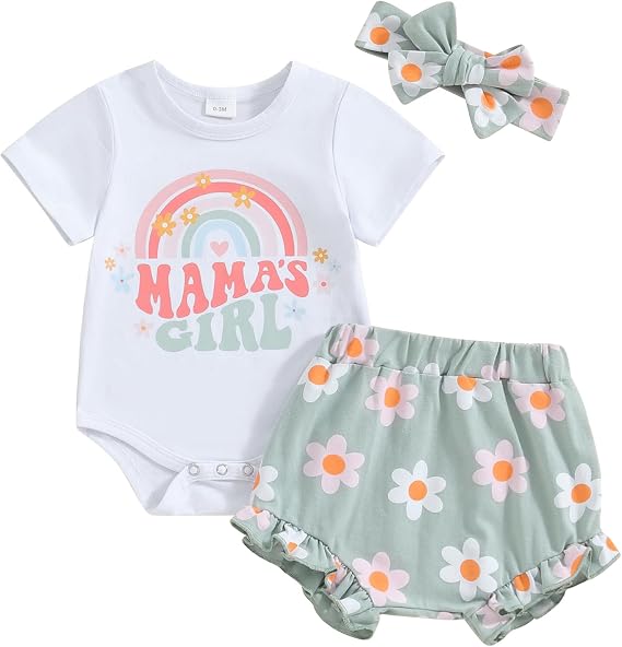 Newborn Baby Girl Clothes Mama's Girl Short Sleeve Romper Flower Ruffle Shorts Headband Set 3Pcs Summer Outfits