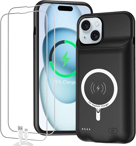 Battery Case for iPhone 15 Plus, Full Encircle 12000mAh High Capacity Rechargeable Portable Charger Case Extended Battery Pack for iPhone 15 Plus (6.7 inch) Wireless Charging Case with Carplay-Black