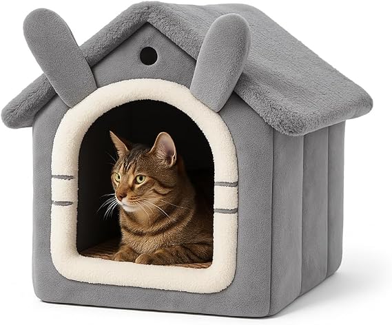 Kedi Evi Yumuşak Kedi Yatağı | Peluş Derin Uyku Evi, Çıkarılabilir Minderli, Isı Yalıtımlı Kışlık Ev | Katlanır Kedi Evi (gri)
