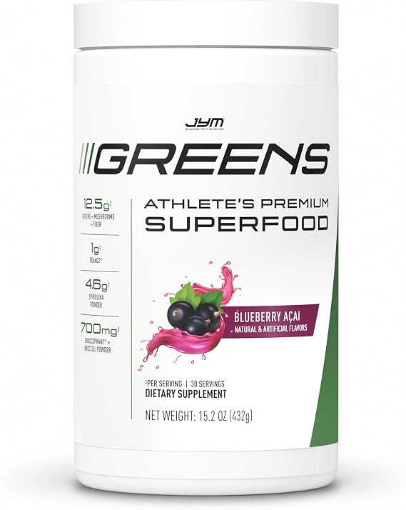 JYM Greens Super Food Powder for Performance, Blueberry Acai, Spirulina, Mushrooms, Vitamins, BroccoPhane & Broccoli, Men & Women, 30 Servings | Superfood Blend with Barley Grass, Beet Root, Vitamins, More, Antioxidant Support, Enhanced Nutrient Absorption