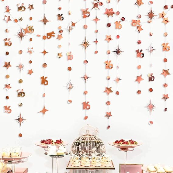 Rose Gold Number 16 Circle Dot Twinkle Star Garland Kit Metallic Hanging Streamer Bunting Banner Backdrop Decorations for Girls 16th Birthday Sweet Sixteen Wedding Anniversary Bridal Shower Party