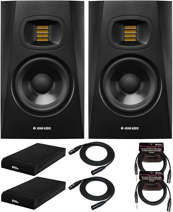 ADAM Audio T7V 7-Inch Powered Studio Monitor (2-Pack) with Isolation Pads, XLR and TRS Cables Bundle (7 Items)