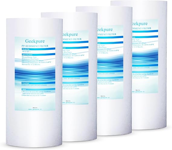 Geekpure 10-Inch PP Sediment Filter for Whole House Water Filter System-4.5" x 10"-5 Micron -Pack of 4
