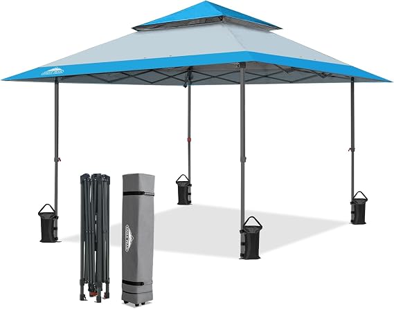 EAGLE PEAK 13x13 Pop Up Canopy Tent, Auto Extended Eaves, Light Blue | Easy Setup, Heavy Duty Outdoor Canopy Tent, Pop Up Gazebo for Backyard, Patio, Camping & Parties, Wheeled Carry Bag, UPF 50+