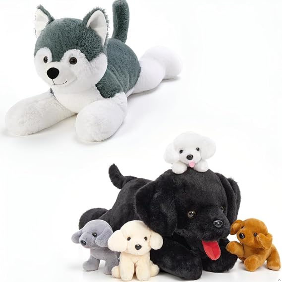 MorisMos Giant Husky Stuffed Animal 28" Dog Plush 5 Pcs Labrador Stuffed Animal with Puppies Inside