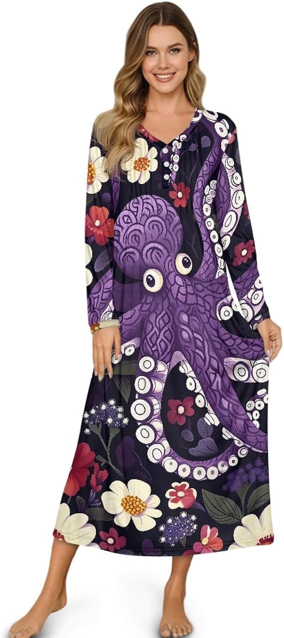 Long Sleeve Nightgowns for Women Lightweight Full Length Sleepshirts Graphic Pajama Dress Sleepwear S-4Xl