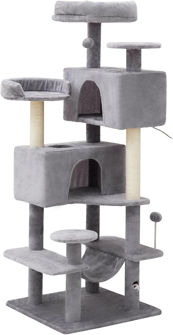 Cat Tree Tower with Large Hammock 54in Multi-Level Cozy Large Cat Tree with 2 Condo Top Perch Scratching Posts and Fun Cat Toys for Indoor Cats(Light Gray)