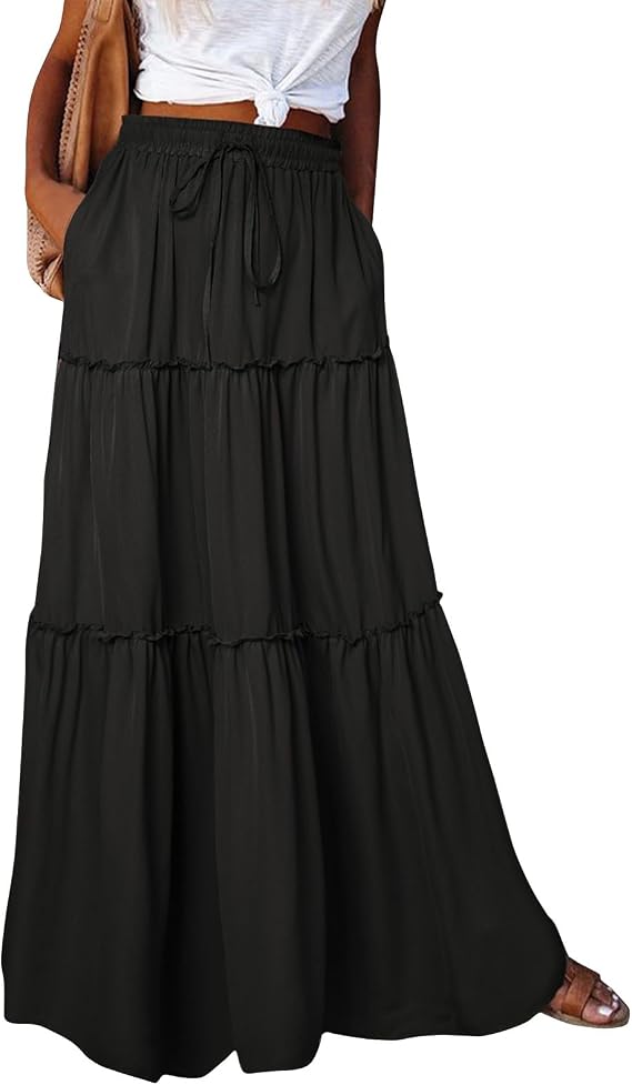 Boho Maxi Skirts for Women Pleated High Waisted Tiered A Line Skirt 2025 Summer Casual Flowy Long Skirts with Pockets