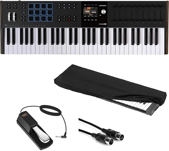 Arturia KeyLab 61 mk3 Professional MIDI Controller and Software (Black) Bundle with Auray FP-P1L Sustain Pedal, Medium Keyboard Dust Cover, and 10' Black Midi cable