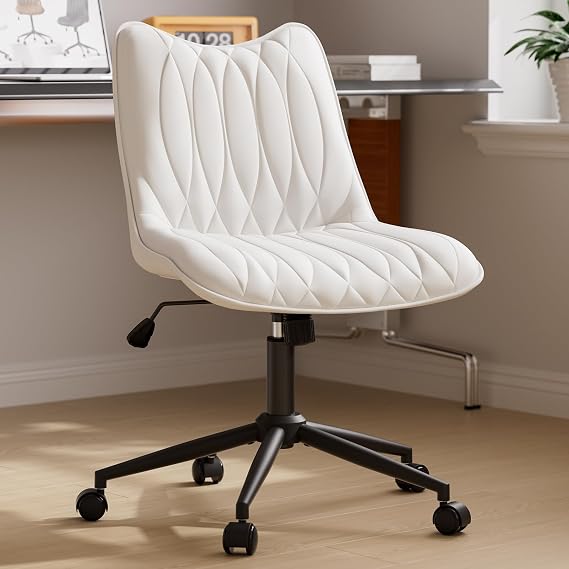 Armless Office Chair, Swivel Rolling Leather Desk Chair, White | Waterproof Upholstery, Padded Seat, 15 Relaxing Tilt, 330 LBS Capacity, for Bedroom Vanity and Computer Work