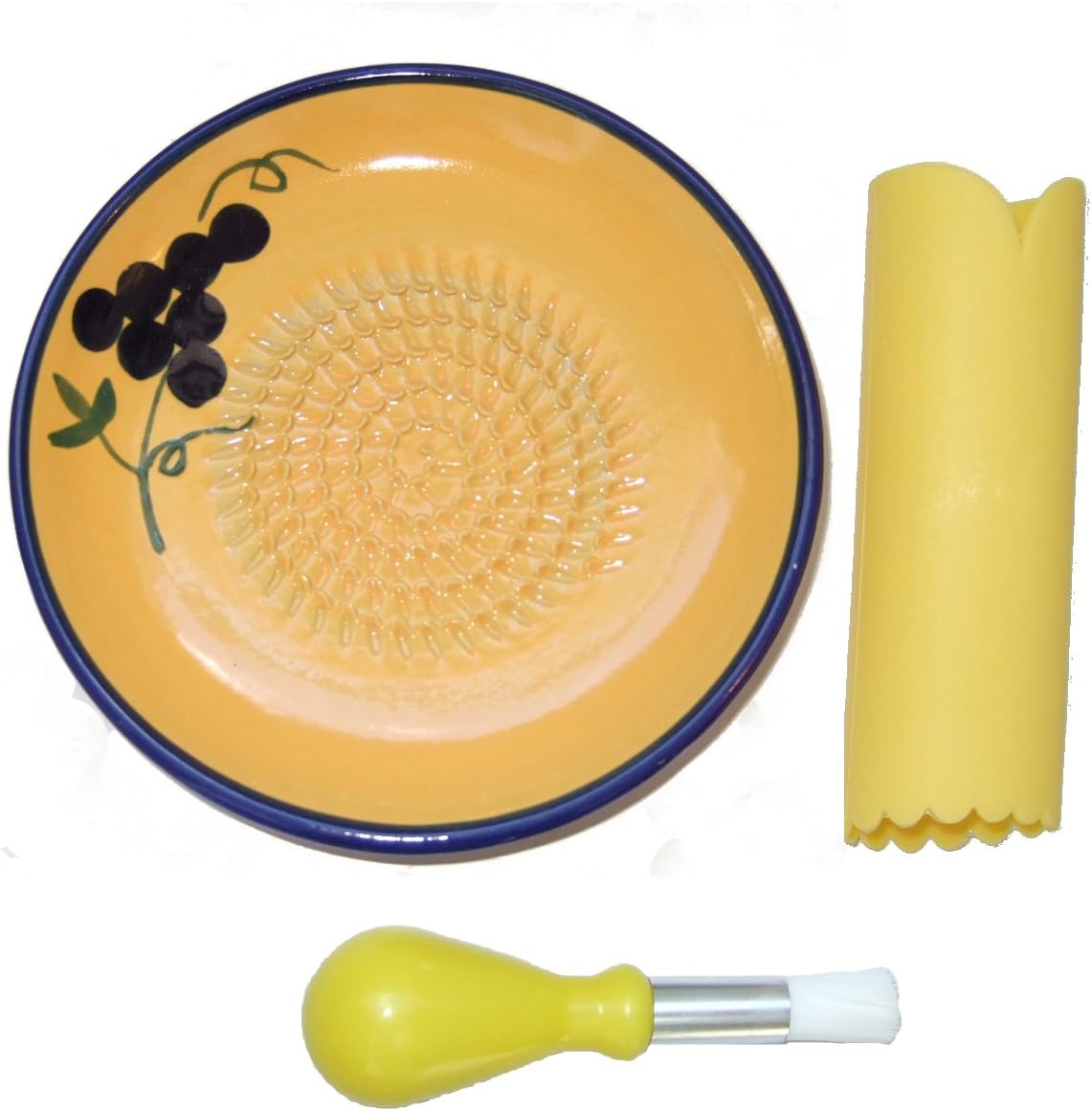 Cooks Innovations Ceramic Grater Plate 3 Piece Set - Grater, Peeler, Brush - Beautiful Grape Design - Blue &amp; Yellow
