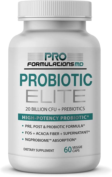 Pro Formulations MD Probiotic Elite Synbiotic with FOS + Supernatant 60 vcaps Pre, Post & Probiotic Digestive Support with 20 Billion CFU, FOS, Acacia Fiber & Freeze Dried Culture Powder
