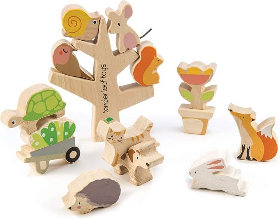 Tender Leaf Toys - Stacking Garden Friends - 14 Pcs Wooden Stacking & Balancing Toy & Educational Game with Free Travel Bag