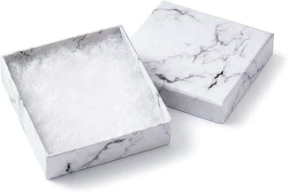 TheDisplayGuys 100 Cardboard Jewelry Gift Boxes with Inserts - Marble White | Size #33 - 3.5" x 3.5" x 1.0", Lids, Cotton Filled Padding, Kraft Paper, Bulk Pack Case, for Shipping, Organizers, Storage