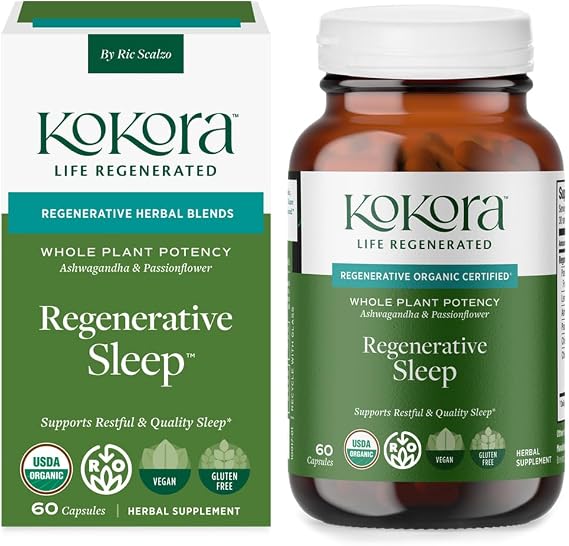 kokora Regenerative Sleep Adaptogen Blend Lemon Balm 60 Capsules | Passionflower formula for calming support and relaxation, vegan dietary supplement with 30 servings and non-GMO ingredients