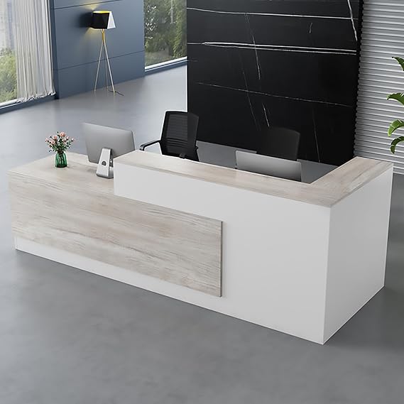 Modern Reception Desk with Open Shelves and Lockable Drawers, Rectangular Computer Desk for Salon Lobby Hotel Checkout Office
