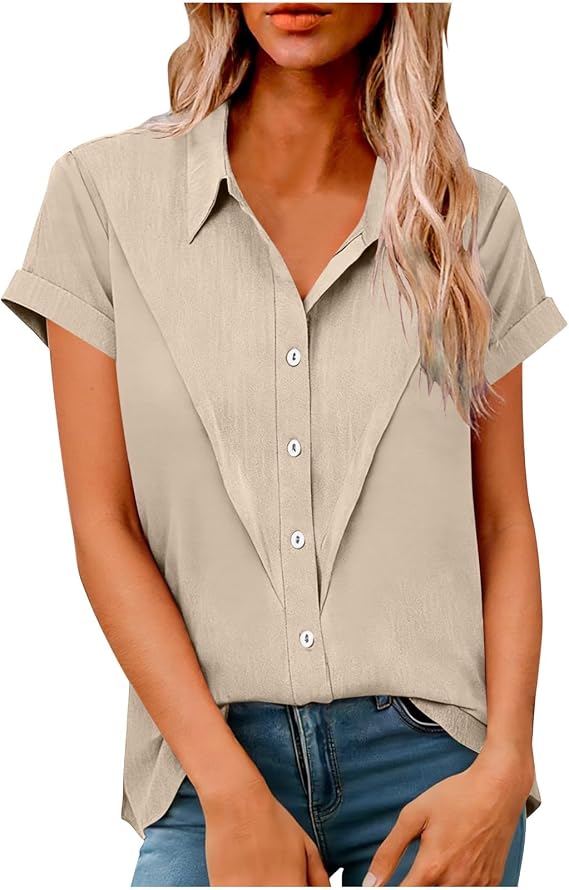Summer Linen Shirts for Women Short Sleeve Button Down Collared Tops 2026 Casual Lightweight Loose Fit Blouse T-Shirt