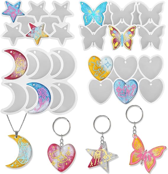 RESINWORLD 24-Cavity Butterfly Heart Star Moon Pendant Keychain Silicone Molds, Jewelry Resin Casting Mold with Hole
