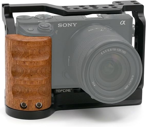 Camera Cage with Wooden Handgrip for Sony A6400 A6300 A6000 A6100 A6500 | Ergonomic Wooden Grip, Buit-in Arca-Swiss Plate, Cold Shoe Mount, Multiple 1/4" Threads, Camera Rig Expansion Quick Release
