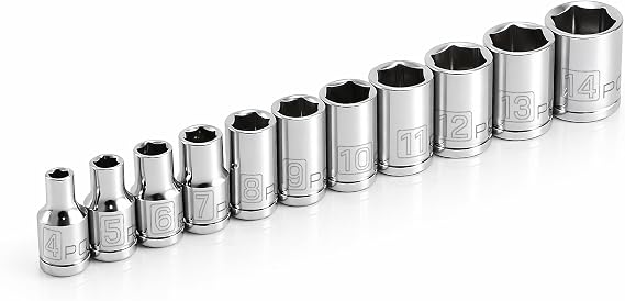 Powerbuilt 11 Piece Metric Shallow Socket Set, 1/4-Inch Drive, 6 Point, Dual Grease Rings, Size Markings - 640498, Silver