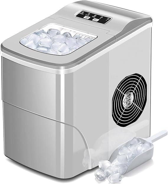 AGLUCKY Ice Makers Countertop with Self-Cleaning, 26lbs/24hrs, 9 Cubes Ready in 6 Mins, Portable Ice Machine with 2 Sizes Bullet Ice/Ice Scoop/Basket for Home/Kitchen/Office/Bar/Party, Grey