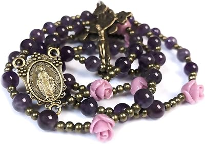 Catholic Heirlooms Purple Amethyst Stone and Lavender Rose Rosary Beads for Women with Miraculous Medal Centerpiece - Catholic Gifts for Women