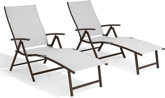Lounge Chair Outdoor, Folding Pool Chaise Chairs Set of 2 (Light Gray) | Rust-Resistant Aluminum Frame, 8-Position Adjustable Backrest and All Weather Textilene Fabric for Patio, Beach, Yard, Pool