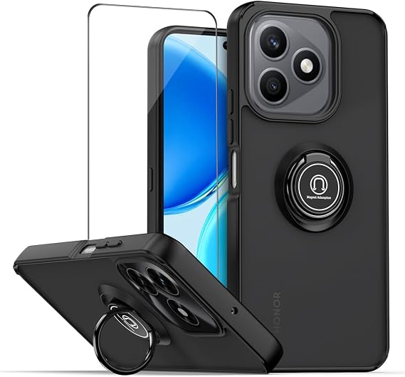 QUIETIP Case for Honor X8d with Screen Protector,Magnetic Ring Car Stand Silicone Translucent Protection Cover,Black