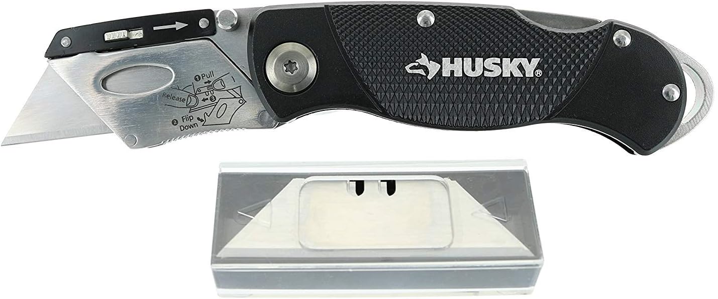 Husky 21113 Folding Sure-Grip Lock Back Utility Knife w 10 Disposable Blades Included Colors Vary