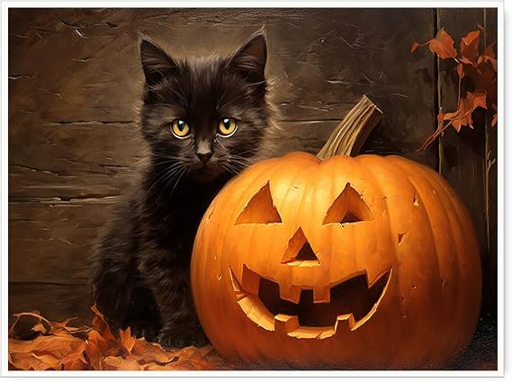 XYHKZNB Cute Black Cat Wall Art with Autumn Pumpkins, Dark Academia Gothic Decor, Farmhouse Black Cat Print, Unique Bathroom Wall Art 16x24inch unframed