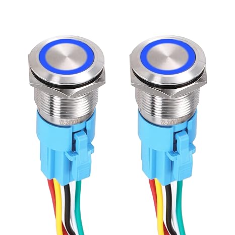 DMiotech 2Pcs 19mm / 3/4" Push Button Switch, IP65 1NO1NC 12-24V 5A Momentary Latching Push Button Starter Light Switch Self-Reset with Blue Light Round, Stainless Steel Flat Head Silver