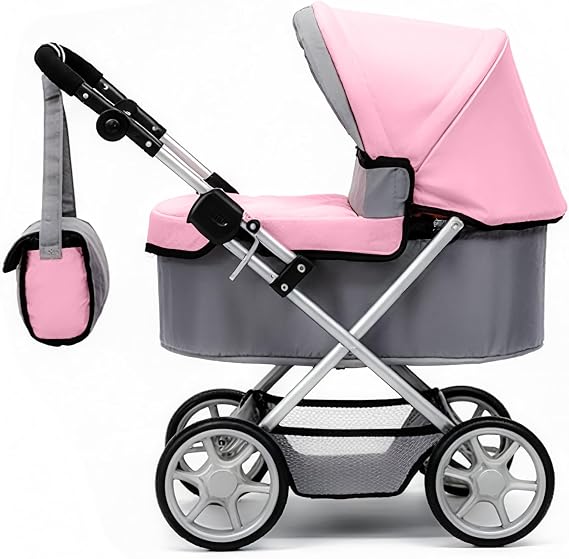 Deluxe Baby Doll Stroller - Pink and Gray Trendy Pram for Dolls - Adjustable Handle Pushchair, Includes Shoulder Bag - Large Carriage Design for Kids Pretend Play, Gift for Girls Age 3 +
