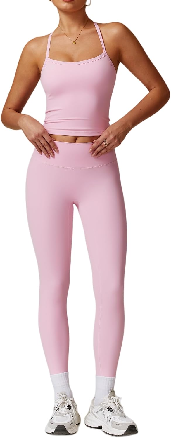 Womens Yoga Outfits Backless Strappy Sports Bra and Seamless Leggings Matching Active Jogger Outfits