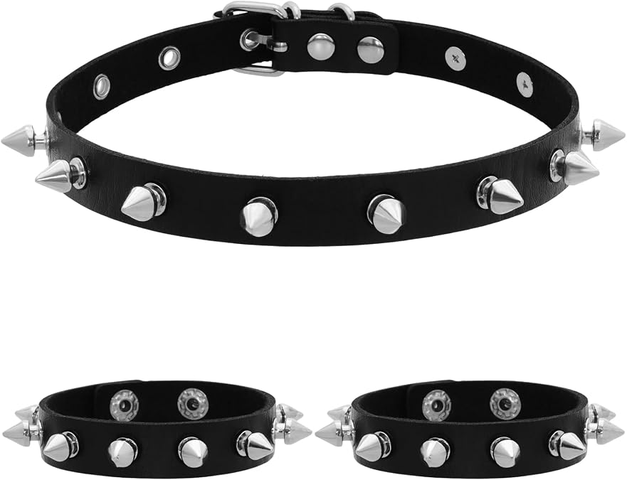 3 Pcs Spiked Choker and Bracelet Set, Punk Gothic Style Leather Necklace Bracelet Set for Women Men, Black