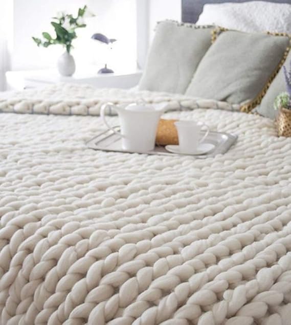 Knited Blanket Handmade Thick Wool Blend Chunky Bulky Knitting Throw for Bedroom Decor Super Large Bed Sofa Pet Mat,100x130cm