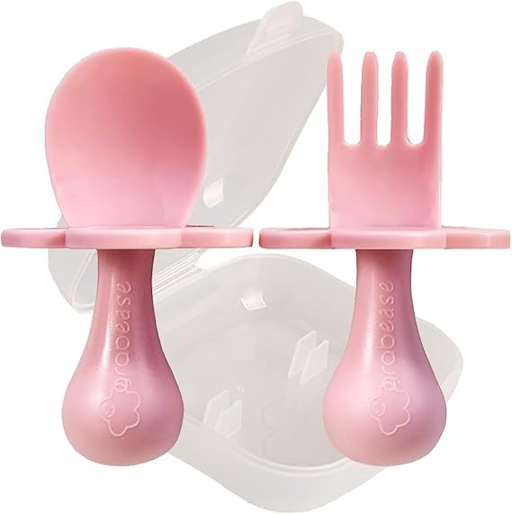 Grabease Baby Feeding Utensils Set - Travel Case for To-Go Toddler Containers - Choke-Guard for Baby Led Weaning Forks - Dishwasher Safe Toddler Spoon - Plastic, Blush, Pack of 1