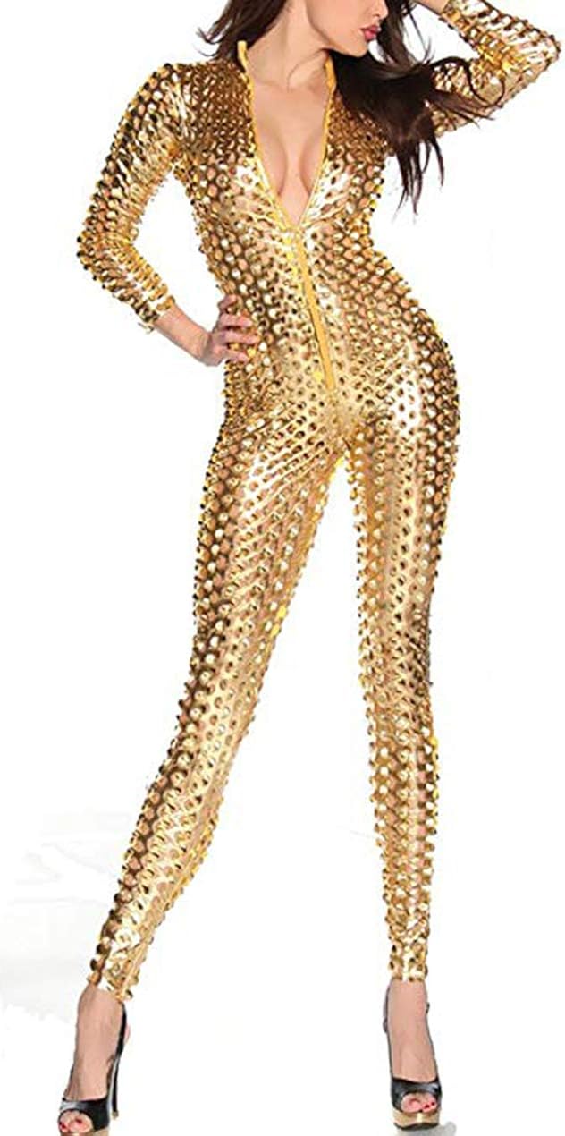 Womens Sexy Hollow Cat Suit One Piece Metallic Sexy Skinny Clubwear Costume