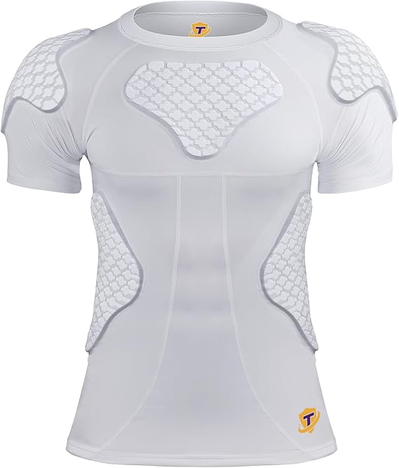 Men Padded Football Shirt Rib Chest Shoulder Protector Heart Guard Padded Compression Shirt 6-Pads Protective Gear for Baseball,Basketball