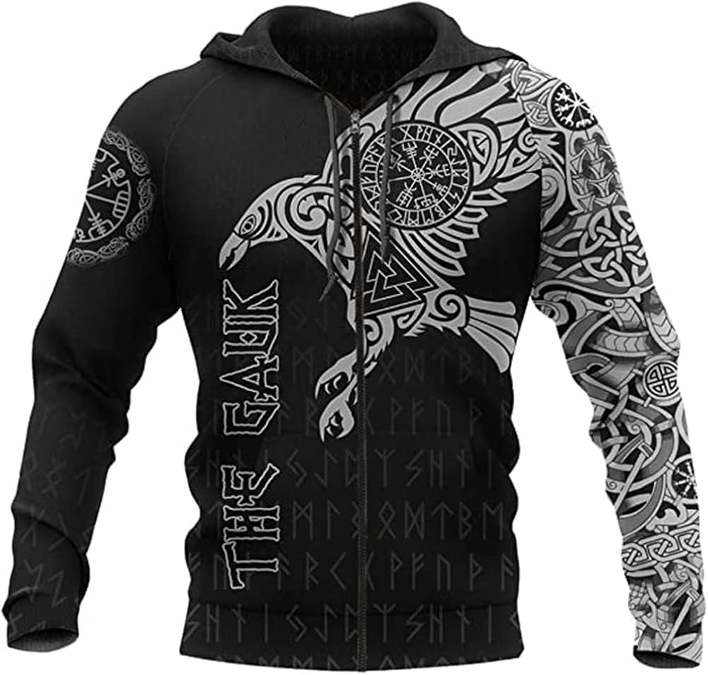 SJJMYM Norse Mythology Tattoos Viking Zip Hoodie,Vegvisir Fenrir Valknut Symbol Totem Pullover,Handmade Tie Dye Round Neck Clothing,B,XXL
