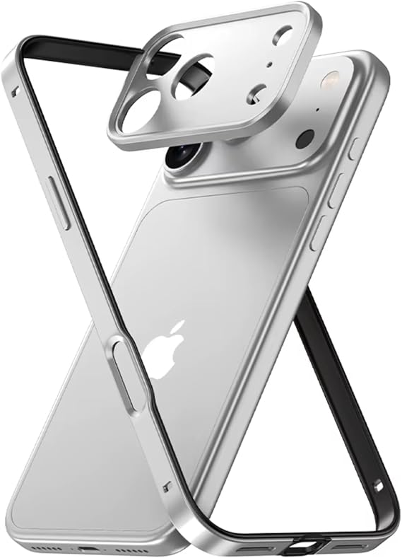 Aluminum Frame Case for iPhone 17, Metal Camera Lens Protect Built-in Silicone Shockproof Bumper, Bright Silver