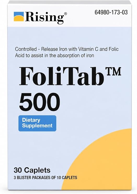 Rising Health FoliTabTM 500 Controlled-Release Iron Supplement with Vitamin C & Folic Acid | 30 Caplets