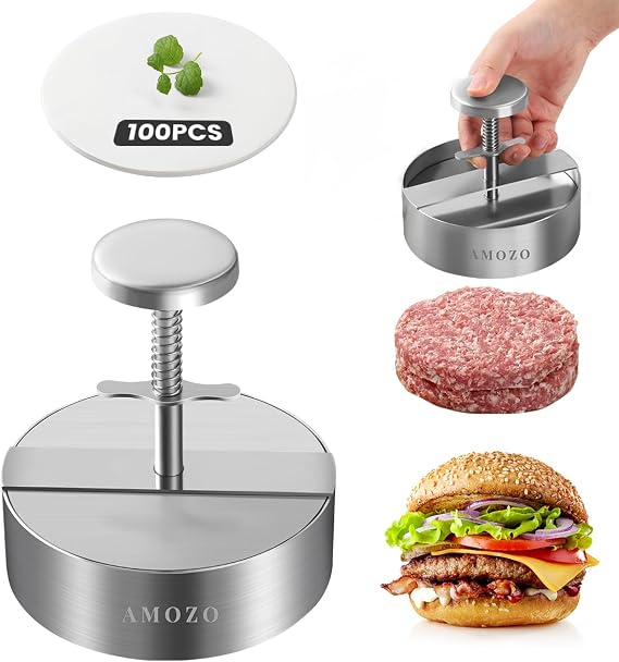 AMOZO Burger Press with Patty Maker100-Sheet Baking Paper, Stainless Steel Grill Burger Smasher Hamburger Patty Maker,Pattie Maker Shaper, Non-Stick Patty Press for Burger Lovers. (4.5 Inch)