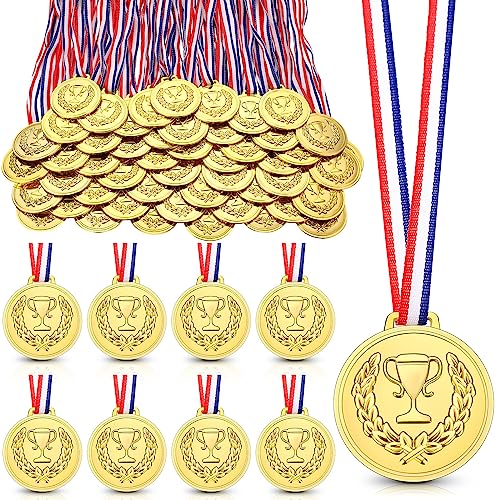 Inbagi 50 Pcs 2.36 Inch Gold Medals Bulk Plastic Award Winner Medal Trophy for Awards with Neck Ribbon Participation Medals for Party Favors and Sports Games Awards